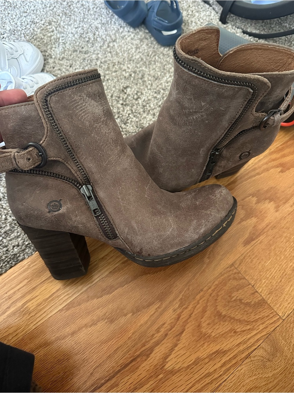 Born Taupe Suede Ankle Booties with Buckle & Side Zipper
